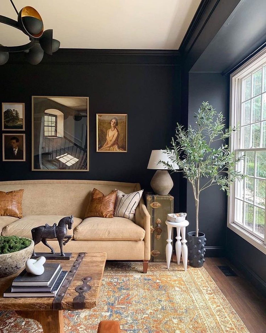 A living room with dark black walls, a tan sofa, wooden coffee table, and patterned rug.