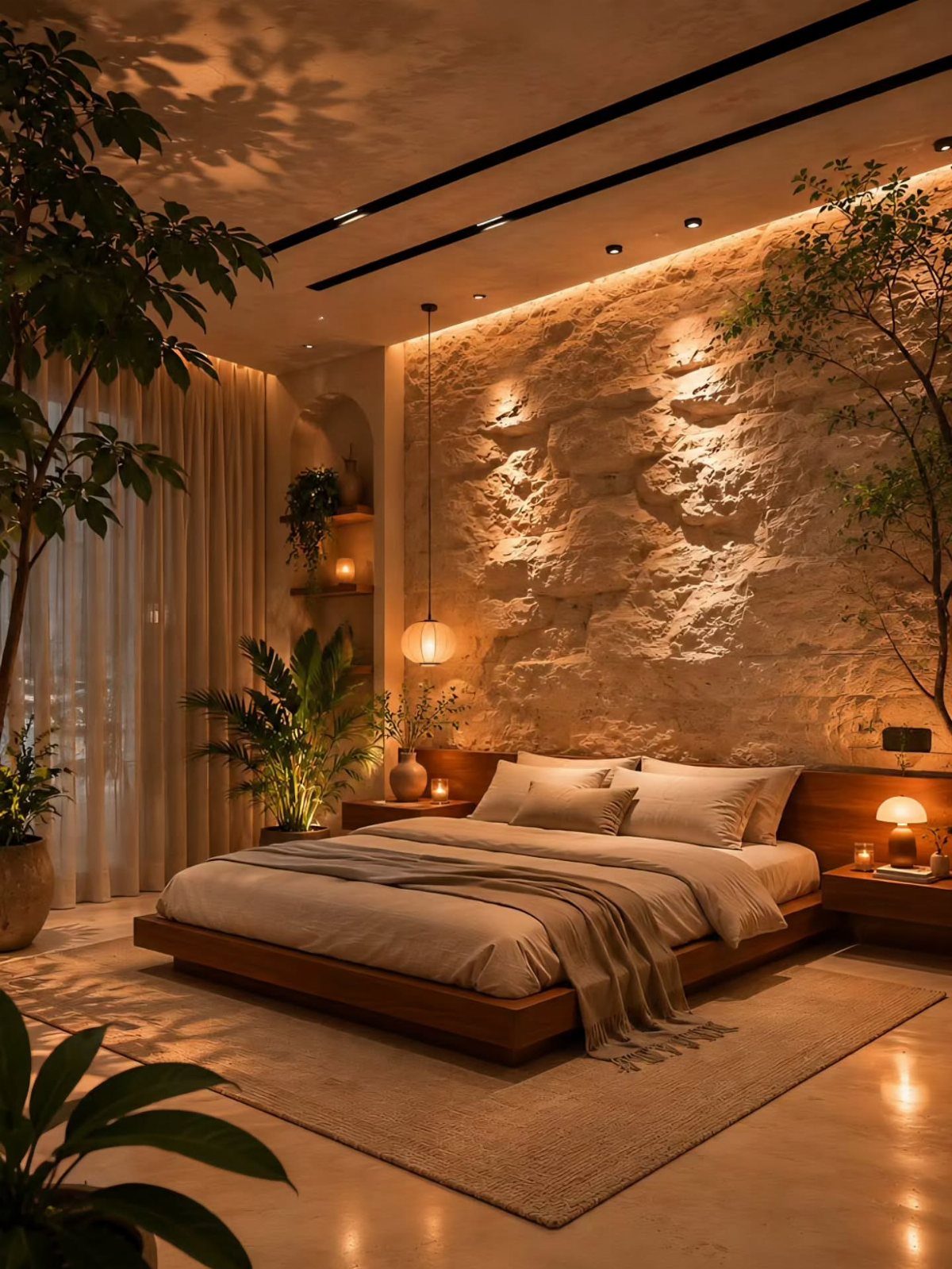 20 Bedroom Wall Designs for Accent, Texture and Art 17 A modern bedroom with a textured stone wall, wooden platform bed, and indoor plants.