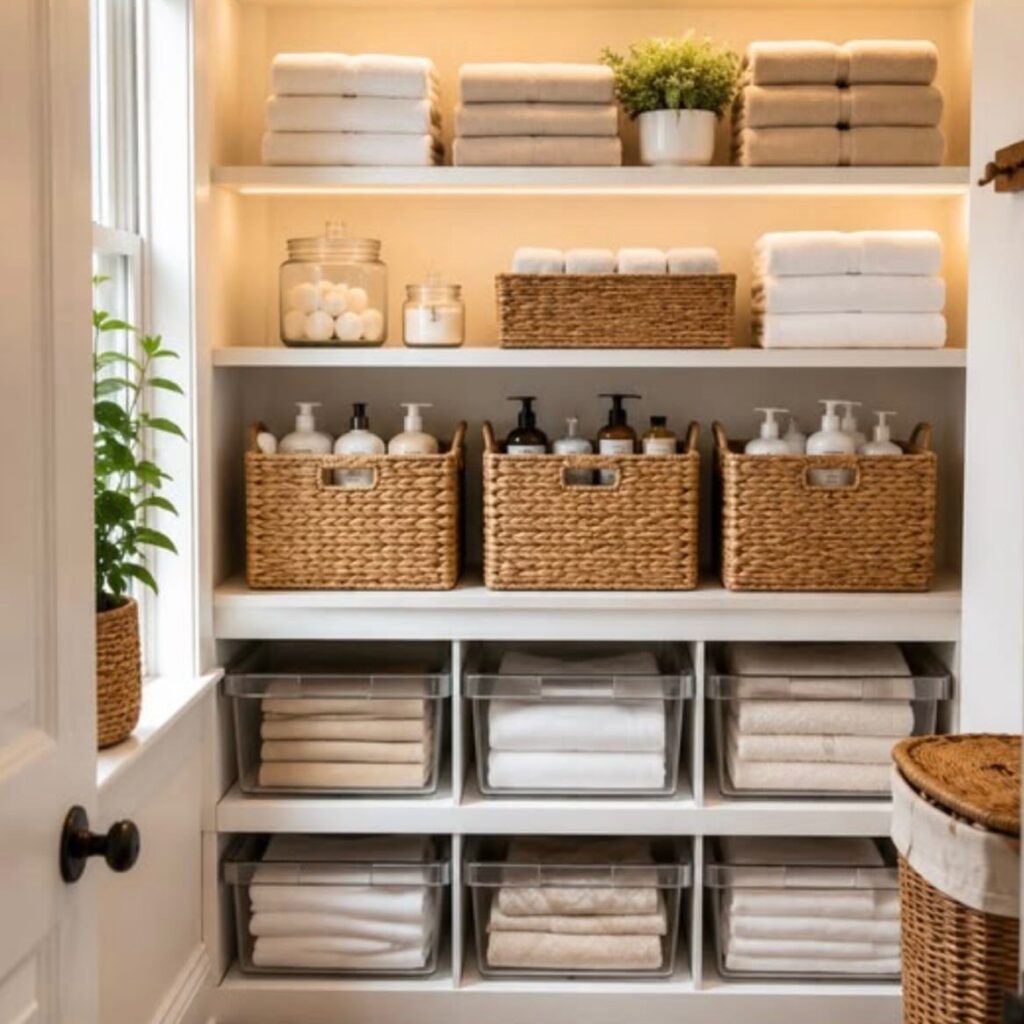 Organized white closet shelves featuring wicker baskets, glass jars, and clear bins filled with folded linens.