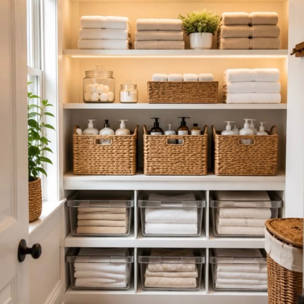 Organized white closet shelves featuring wicker baskets, glass jars, and clear bins filled with folded linens.