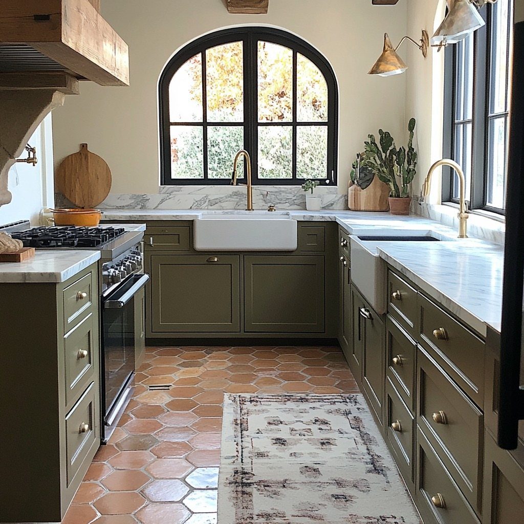 Kitchen Floor Tiles Design: 13 Ideas for Stone, Ceramic & Patterned Floors 6 Hexagonal terracotta tiles cover the floor of a kitchen with green cabinets and marble countertops.