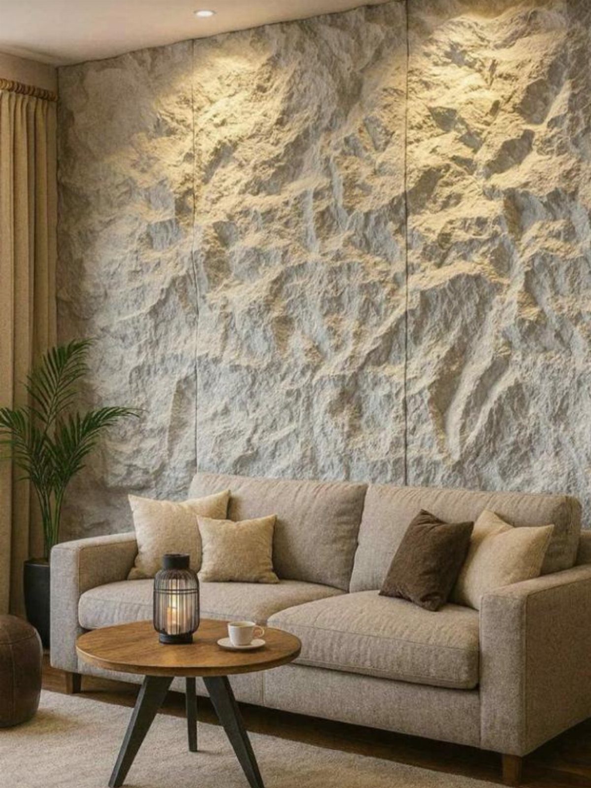 A textured stone wall behind a beige sofa and a small wooden coffee table.