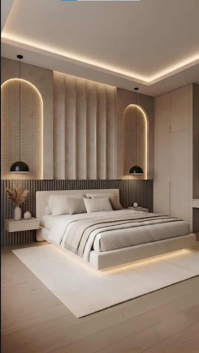 20 Bedroom Wall Designs for Accent, Texture and Art 2 Modern bedroom with vertical textured wall panels and arched lighting behind a white bed.