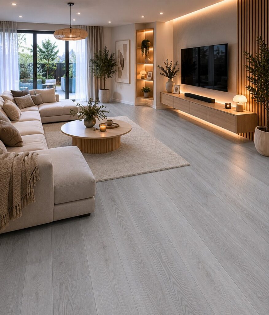 Smoky gray wood plank flooring in a modern living room with a beige sofa and wooden furniture.