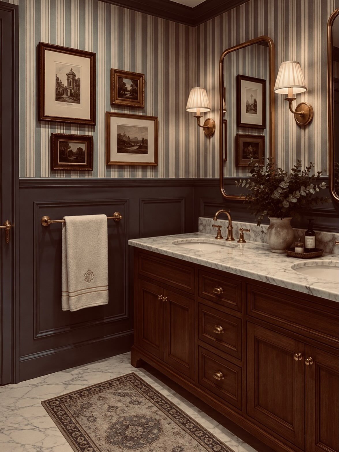 Dark wood paneled wainscoting in a classic bathroom with striped wallpaper and marble vanity.