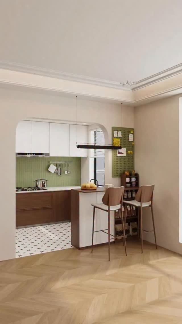 15 Kitchen Renovation Ideas for Getting the Function Back Into the Room 13 Modern kitchen with white cabinets, green backsplash, wood lower cabinets, and a breakfast bar with stools.