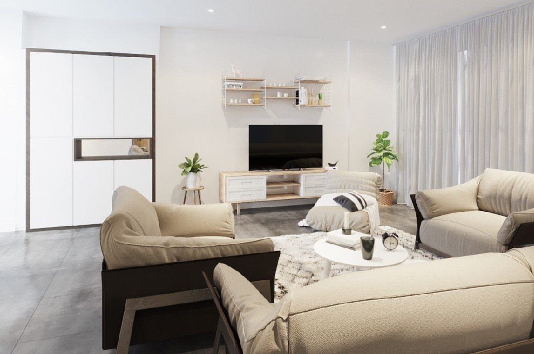 Modern living room with beige sofas and grey stone-effect tile flooring.