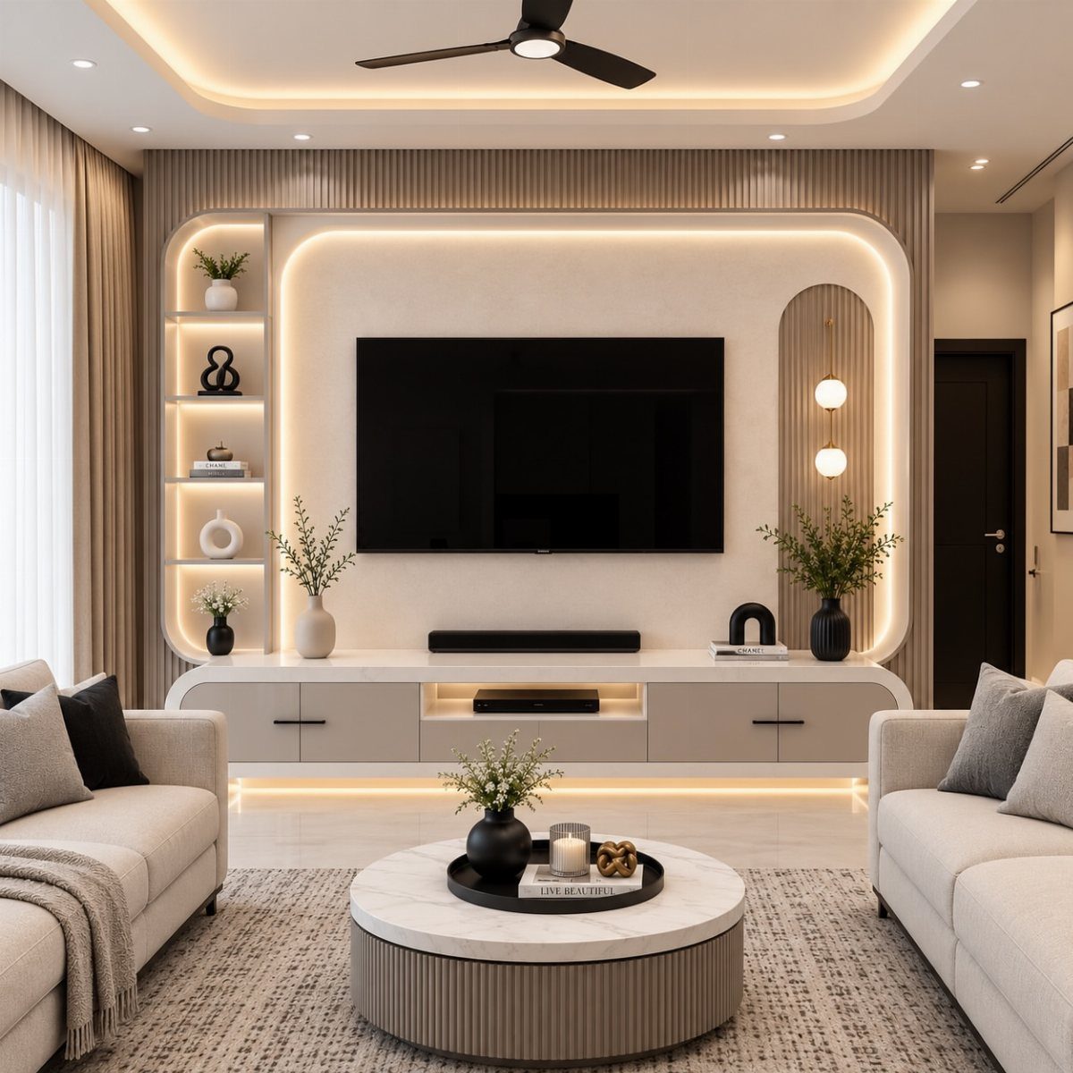 Modern TV wall unit with integrated LED lighting and built-in shelving in a neutral living room.