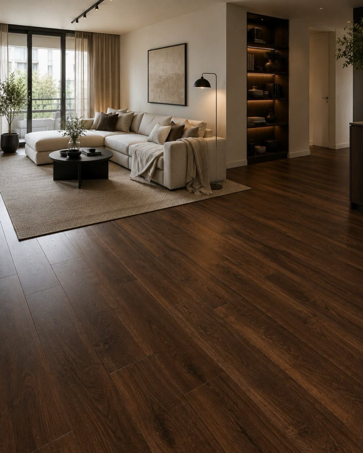Dark warm mid-tone brown wood flooring in a modern living room with a cream sofa.
