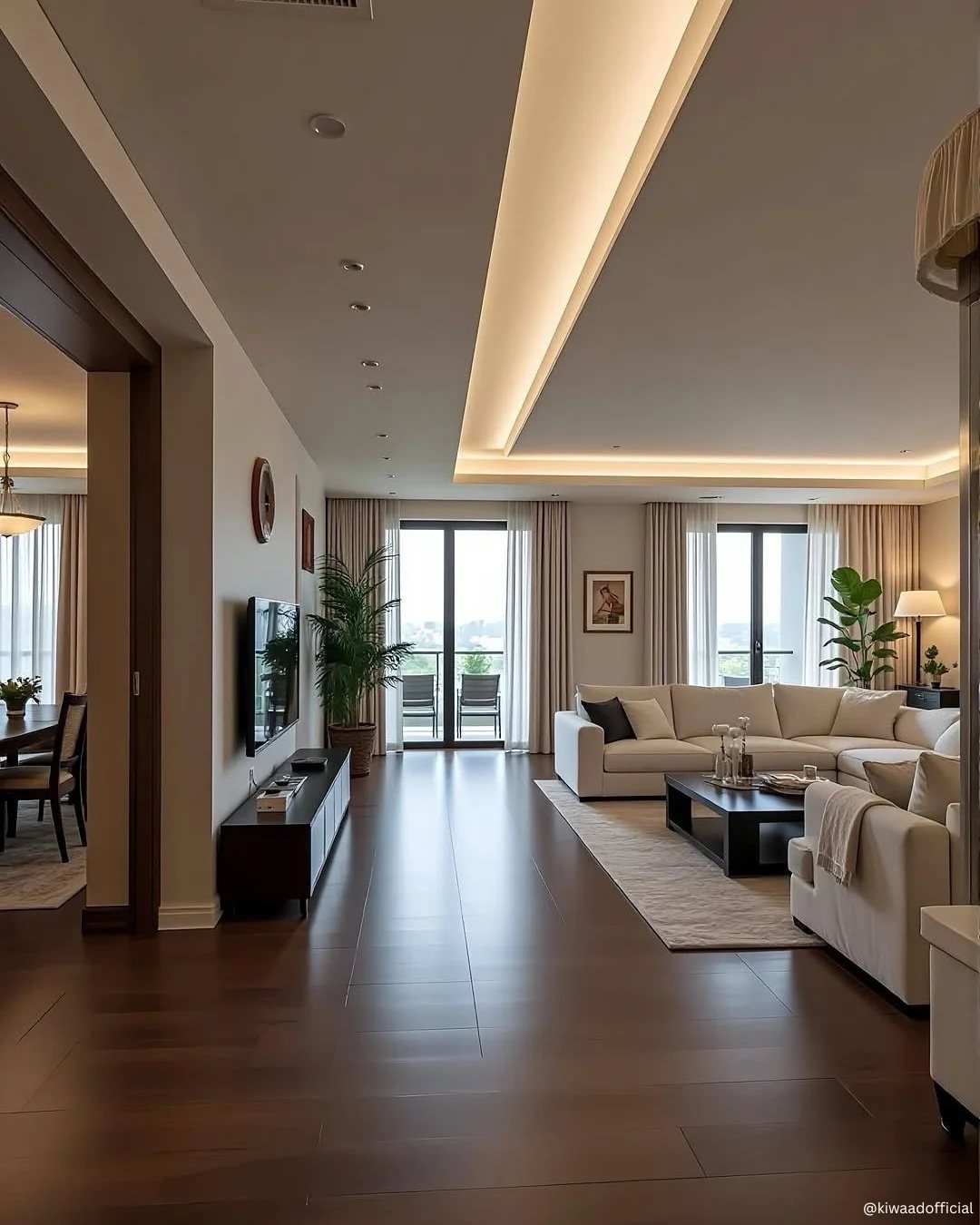 Dark wood flooring stretching through a modern, brightly lit living room towards large balcony doors.