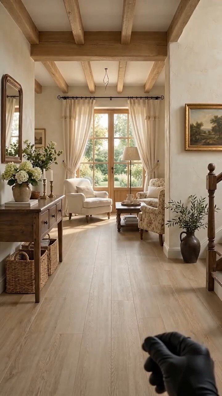Light wooden plank flooring in a bright living room with cream furniture and wooden ceiling beams.