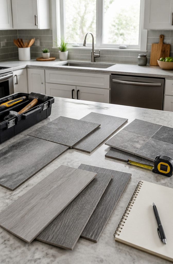 9 Gray Vinyl Flooring Options for Every Room 3 Bright kitchen featuring gray vinyl flooring and modern appliances