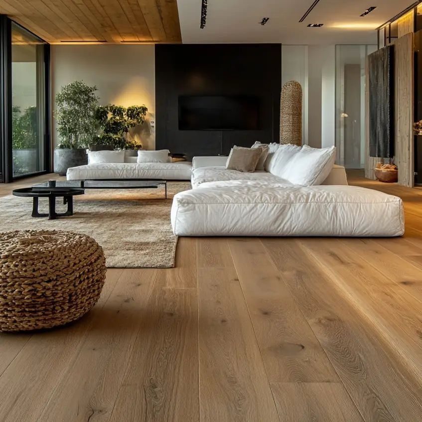 Wide plank light wood flooring in a modern living room with white furniture.