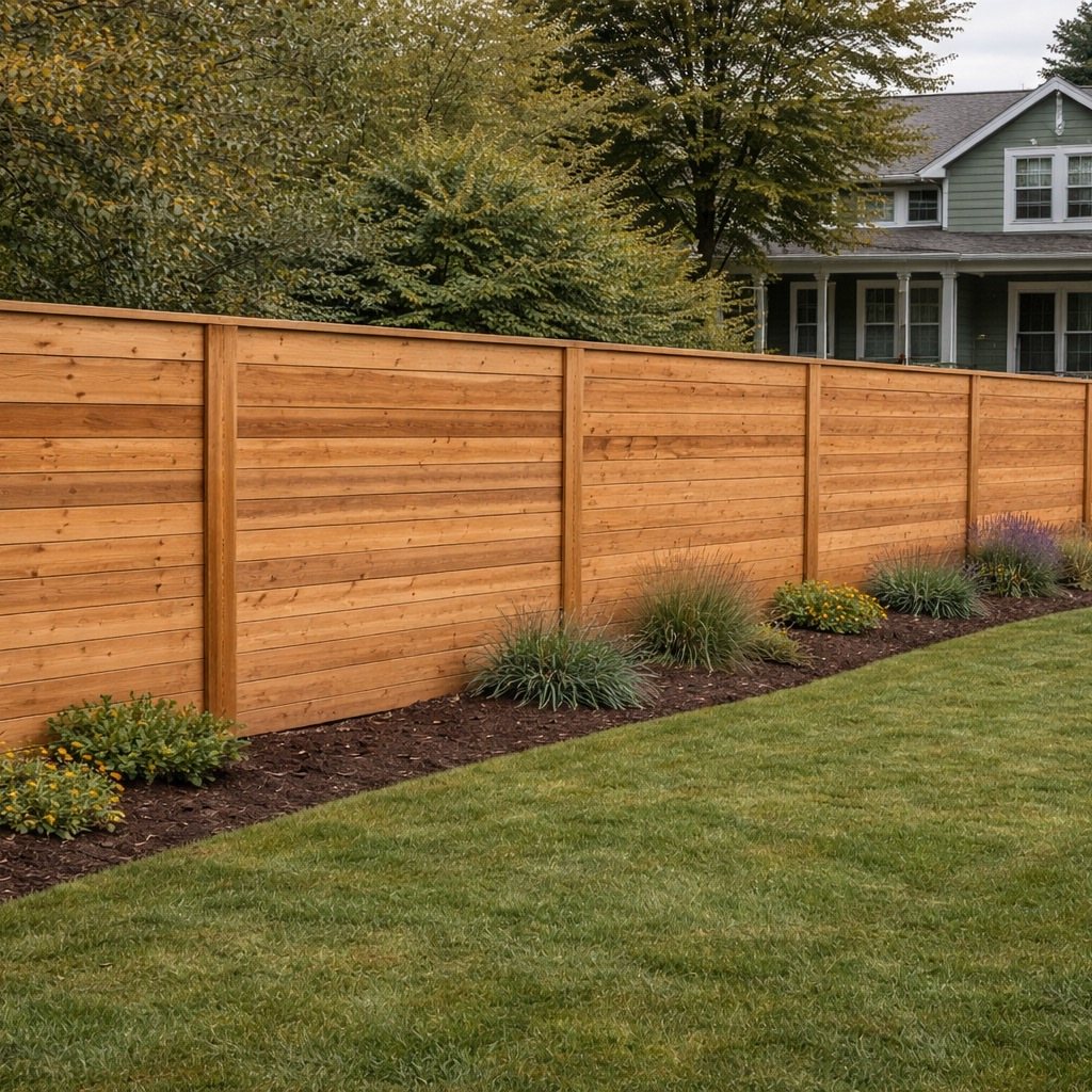 5 Wood Fence Horizontal Ideas for Every Yard 1 A long horizontal cedar privacy fence bordering a green lawn with small garden plants.