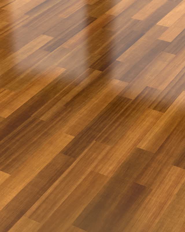 Polished hardwood floor planks in varying shades of brown with a glossy, reflective finish.