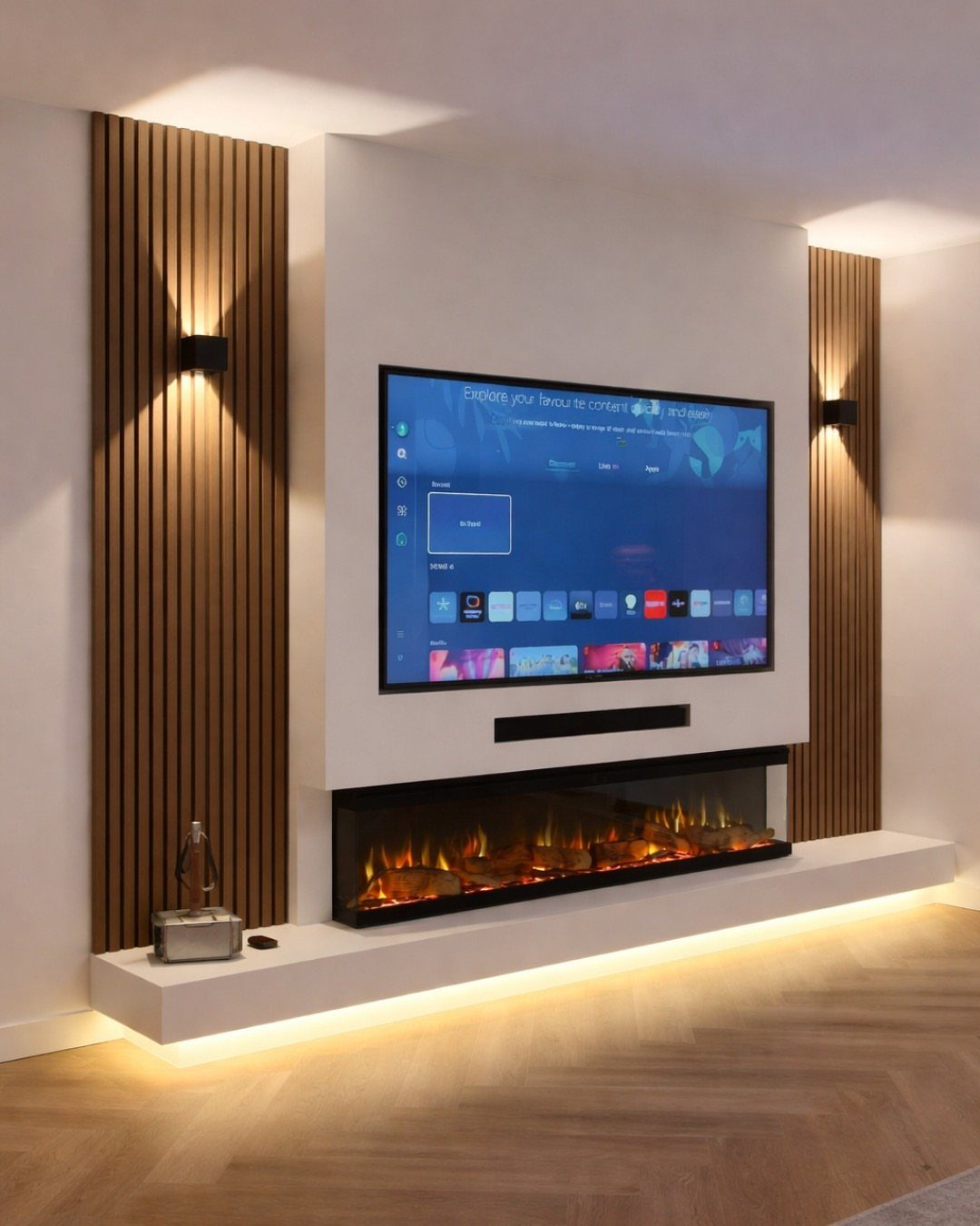 Modern living room with a linear electric fireplace and wood slat accent walls.