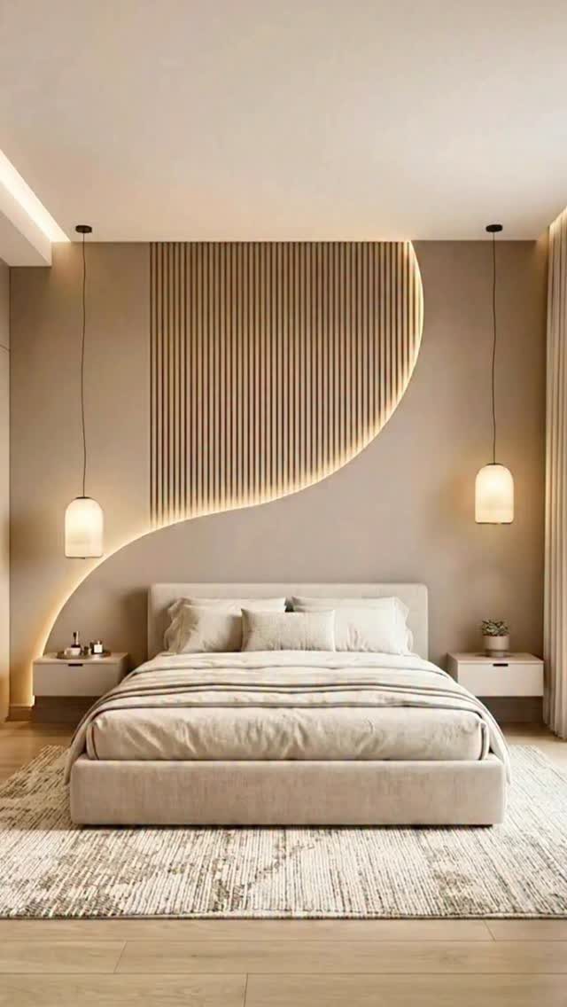 20 Bedroom Wall Designs for Accent, Texture and Art 7 Modern bedroom with a curved wooden slat accent wall and hanging pendant lights.