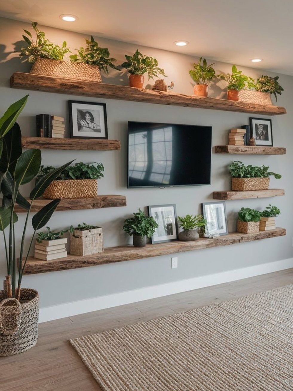 Rustic live edge wooden shelves holding green plants and framed photos on a grey wall.