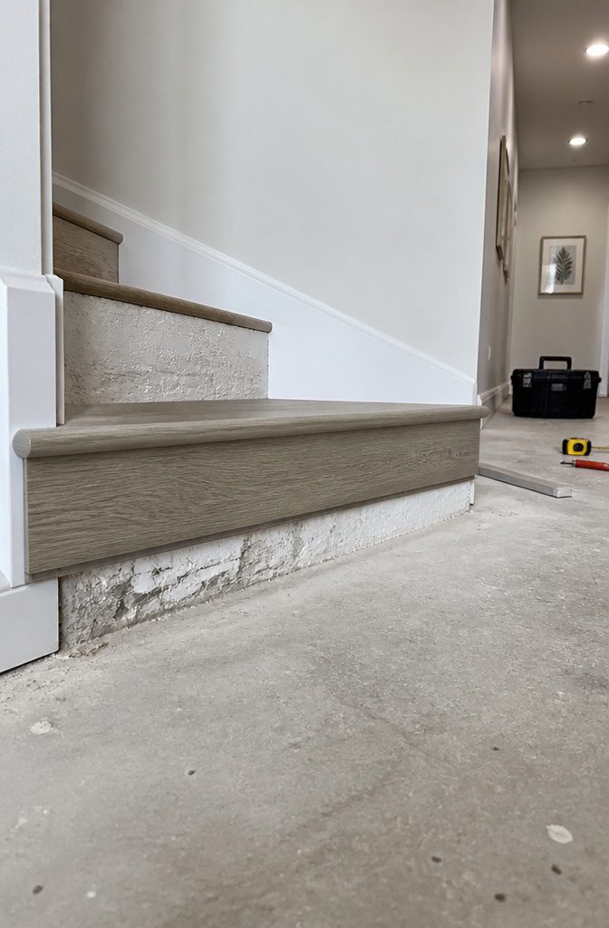 Installation process of LVP on stairs, starting from the top step.